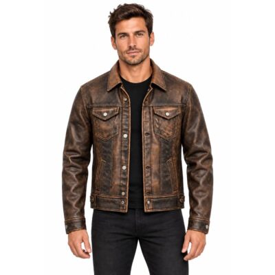 Mens Vintage Fashion Trucker Leather Jacket