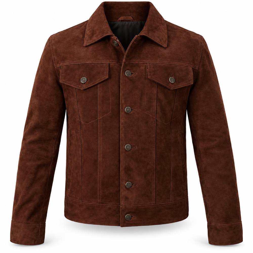 Dark Brown Trucker Suede Leather Jacket