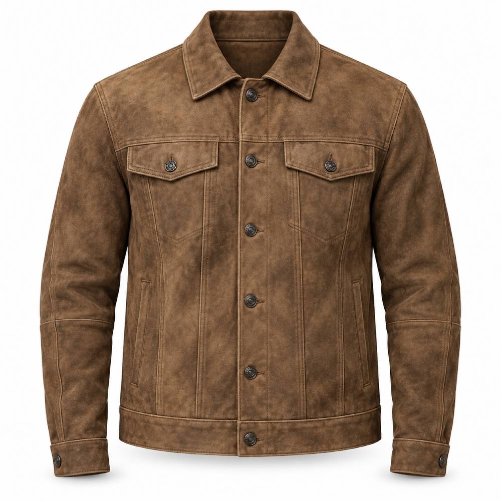 Khaki Trucker Suede Leather Jacket