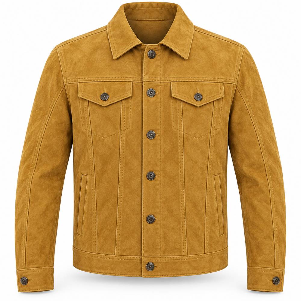 Mustard Yellow Trucker Suede Leather Jacket