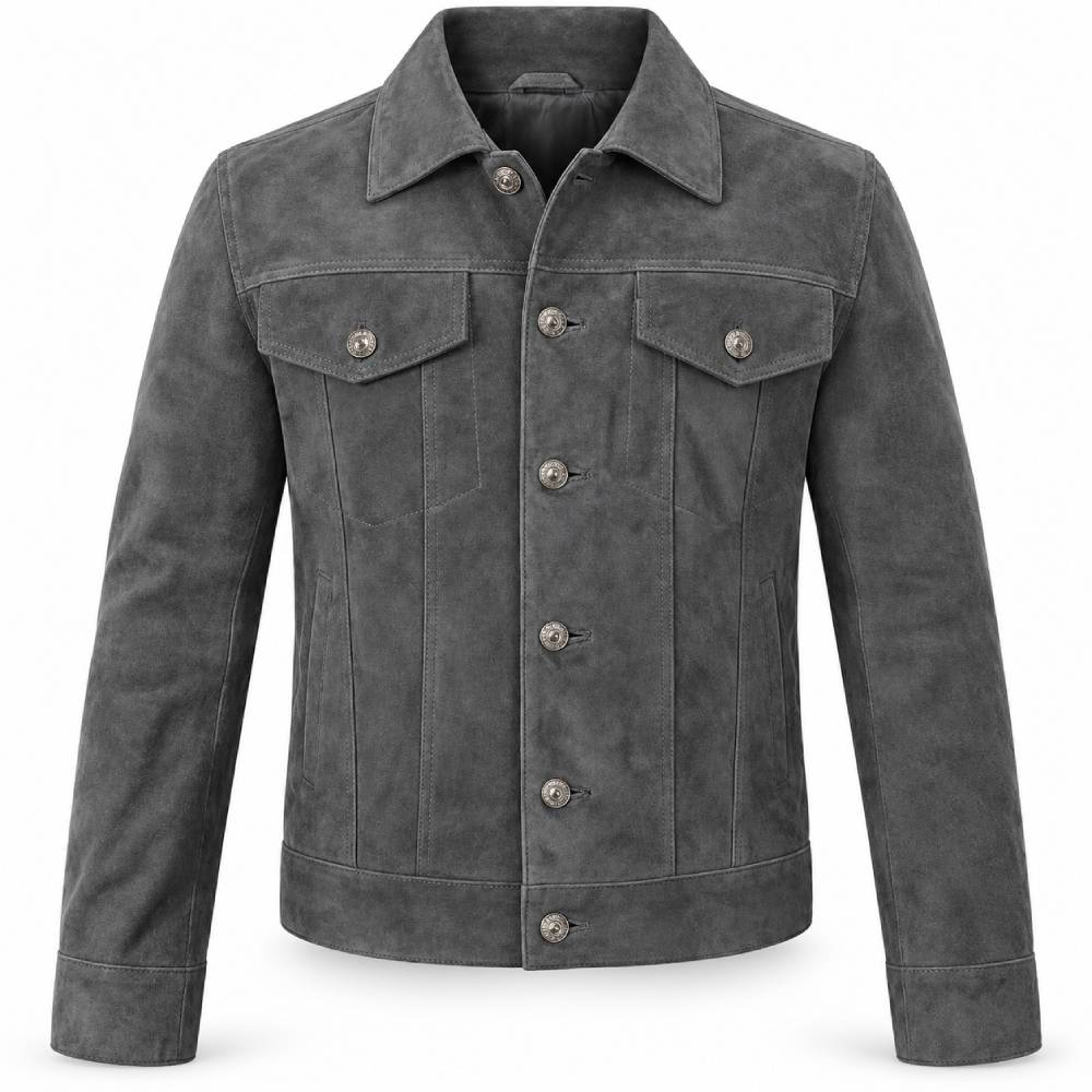 Grey Trucker Suede Leather Jacket