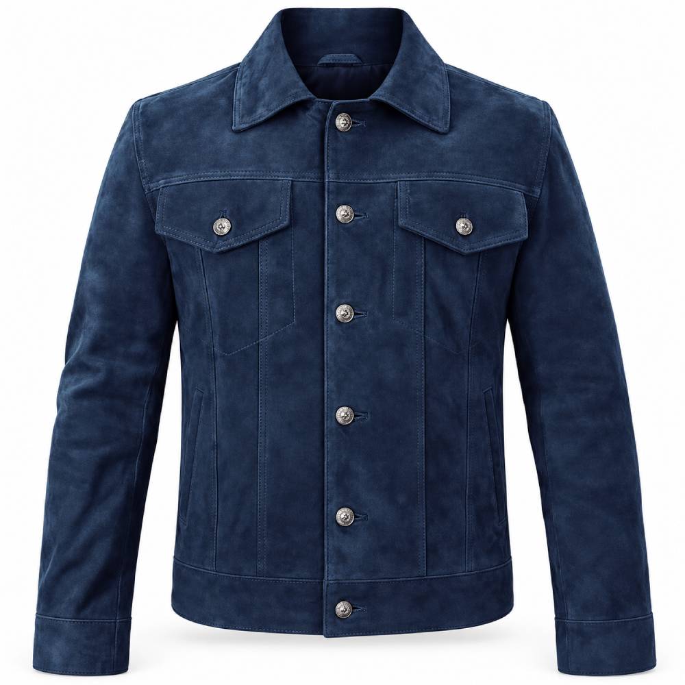 Blue Trucker Suede Leather Jacket
