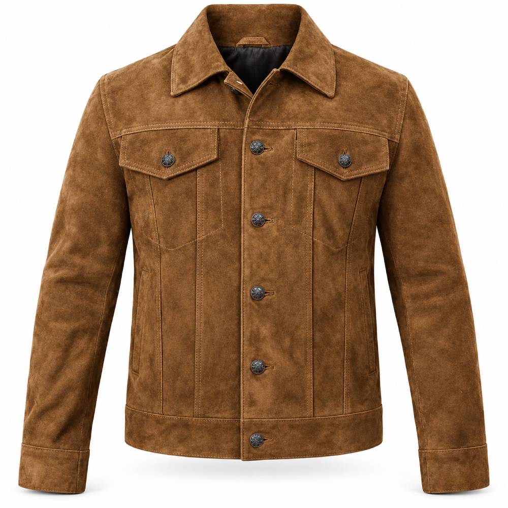 Tobacco Brown Trucker Suede Leather Jacket