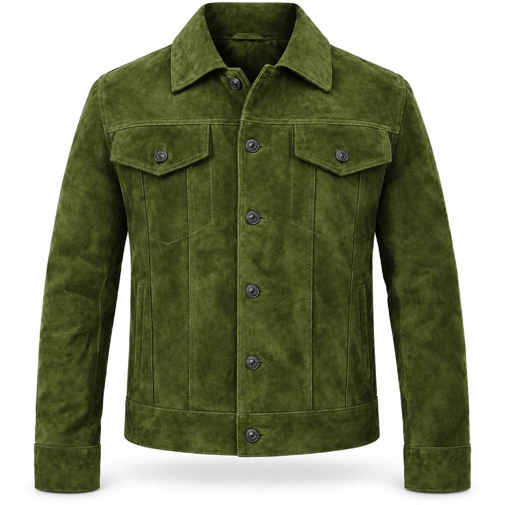 Green Trucker Suede Leather Jacket