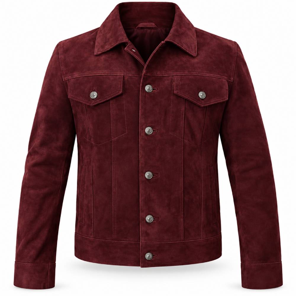 Burgundy Trucker Suede Leather Jacket