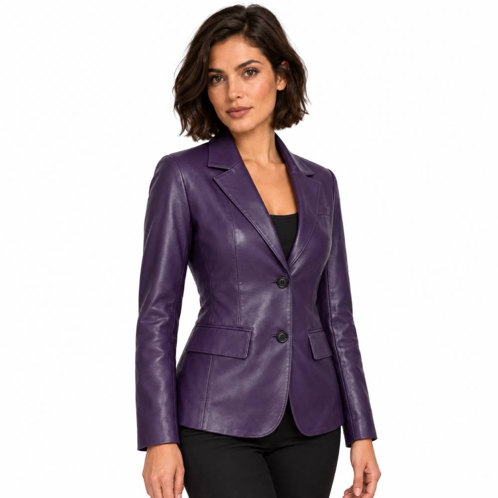 Womens Two Buttoned Purple Leather Blazer