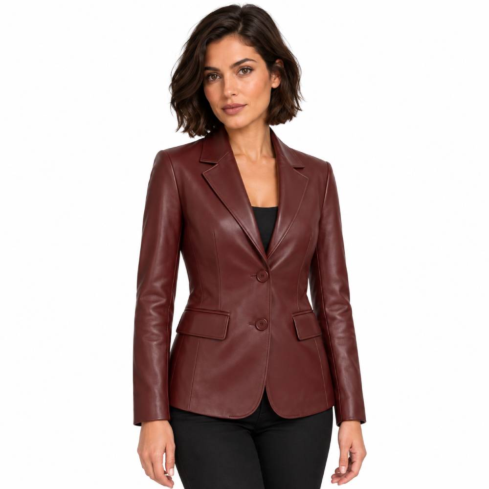 Womens Two Buttoned Brown Leather Blazer