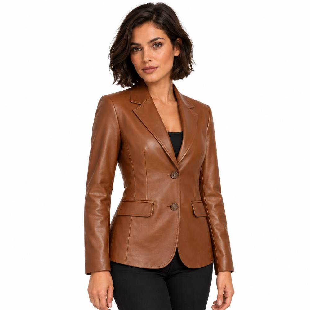 Womens Two Buttoned Tan Brown Leather Blazer