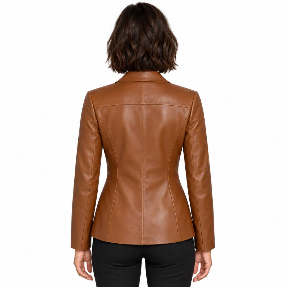 Womens Two Buttoned Tan Brown Leather Blazer