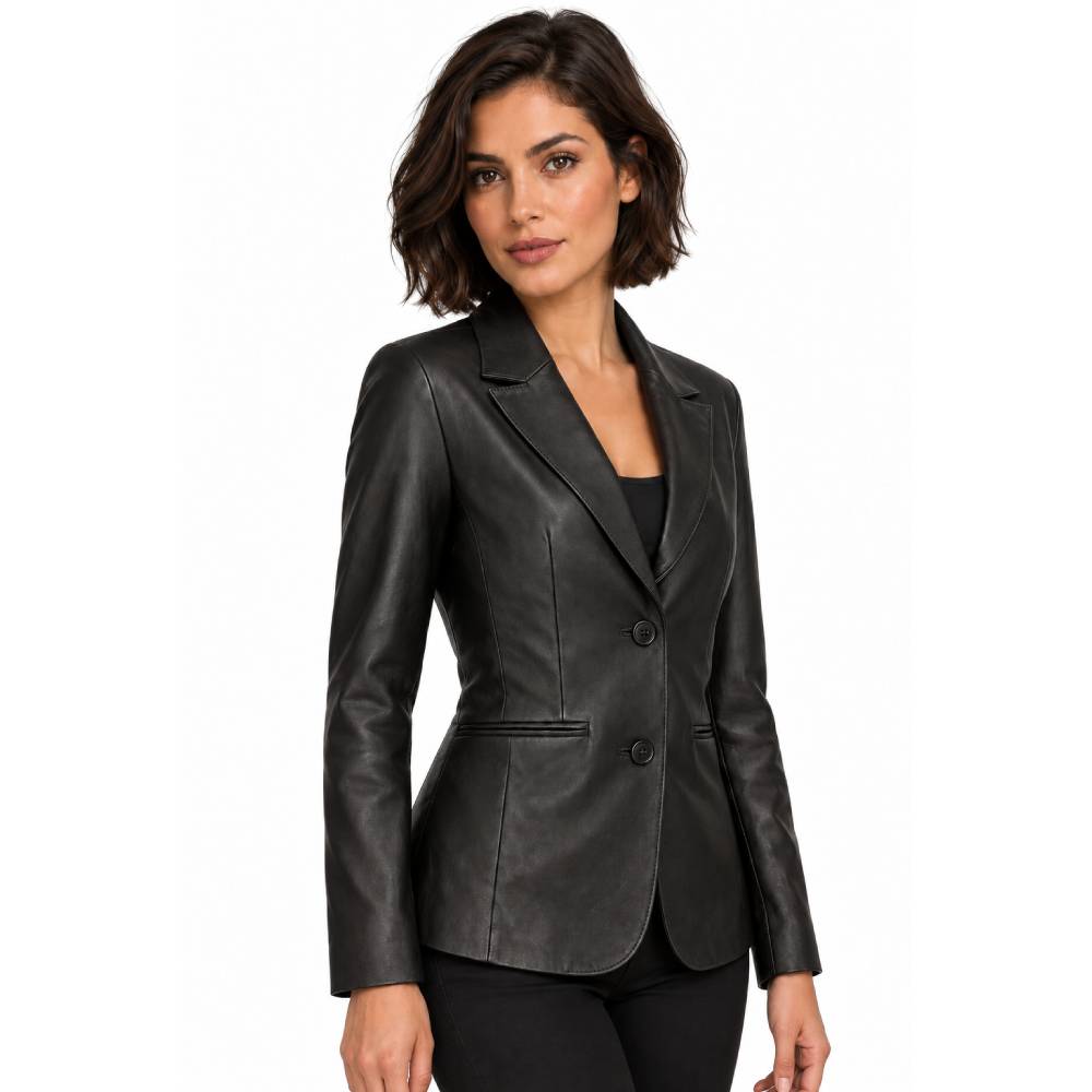 Womens Two Buttoned Leather Blazer