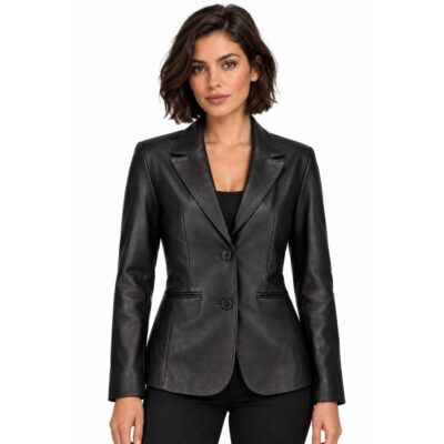 Womens Two Buttoned Leather Blazer