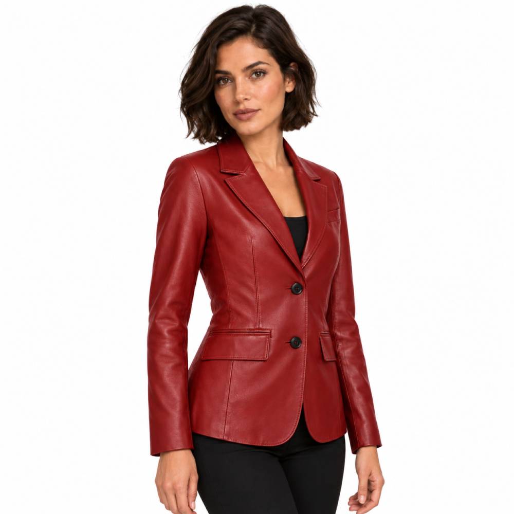 Womens Two Buttoned Red Leather Blazer