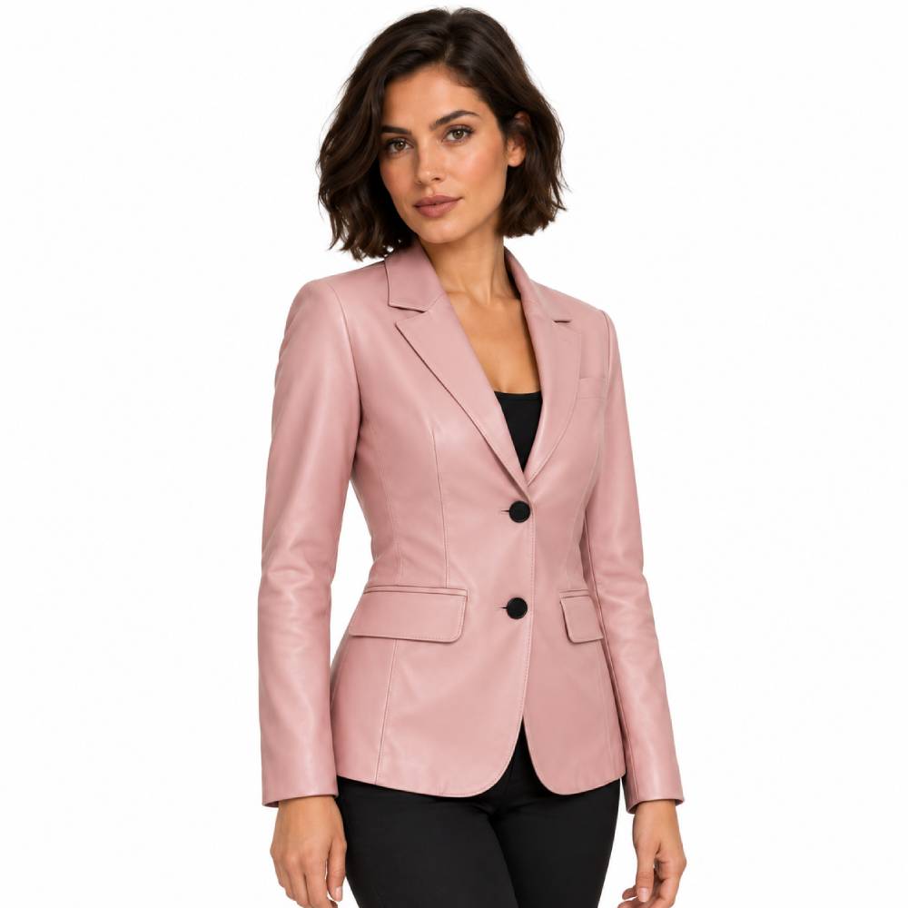 Womens Two Buttoned Pink Leather Blazer