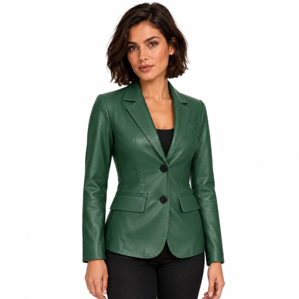 Womens Two Buttoned Green Leather Blazer